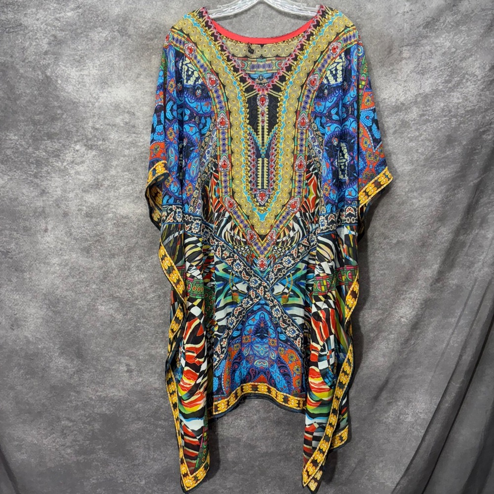 VTG Alberto Makali Sheer Kaleidoscope Tribal Print Kaftan Tunic XS Rhinestones